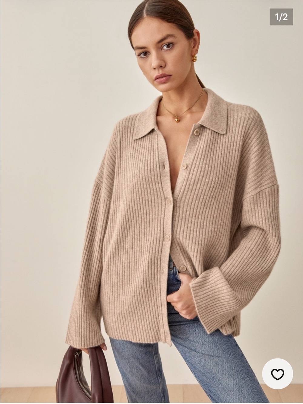 Reformation Fantino Cashmere Collared Cardigan Collared Cardigan in Brown Like